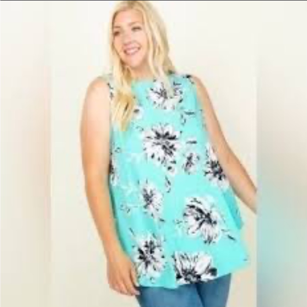🔥5 for $25🔥Emerald Plus Size Bright Mint Green Floral Print Flowy Tunic Tank Top